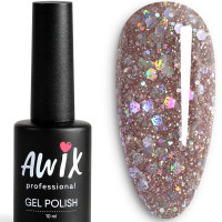 Awix, Гель лак Brilliant №80, 10 мл бронзовый с мелким шиммером, разноцветными блестками, серебряным глиттером, шестигранниками