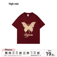 high rain 國潮蝴蝶直噴落肩短袖男女酒紅T恤休閒百搭情侶上衣夏