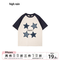 high rain 潮酷牛仔五角星插肩短袖男女小眾休閒撞色拼接T恤夏