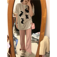 100%純棉設計感卡通兔子正肩短袖t恤女夏季小眾慵懶港味chic上衣