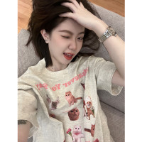 100%純棉美式潮牌卡通正肩短袖t恤女2023新款小眾設計感慵懶上衣