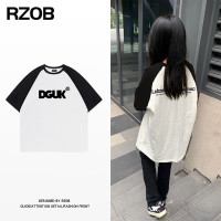 美式高街小眾黑白撞色插肩短袖T恤女夏季純棉重磅oversize情侶裝