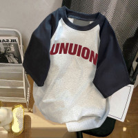 2023新款撞色純棉t恤女短袖寬鬆港味復古chic情侶上衣設計感小眾