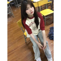 美式復古紅色插肩短袖t恤女夏季新款設計感小眾拼接正肩半袖上衣