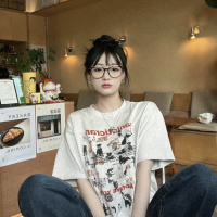 美式復古貓咪小狗減齡灰色純棉圓領短袖T恤女夏季新款寬鬆上衣ins