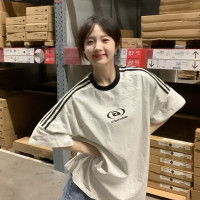 運動純棉條紋短袖T恤女美式復古寬鬆設計感小眾夏季半袖上衣T恤