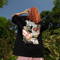 YEP玫瑰花印花美式復古短袖t恤女2023年新款寬鬆潮牌半袖設計上衣