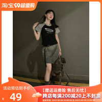 美式復古辣妹短袖女夏季笑臉印花短款插肩T恤修身撞色拼接上衣ins