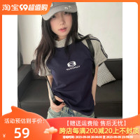 美式正肩T恤辣妹短袖女夏季新款撞色拼接插肩袖修身顯瘦短款上衣