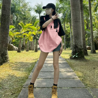 美式復古黑粉插肩短袖T恤夏日多巴胺穿搭oversize小眾不撞款上衣