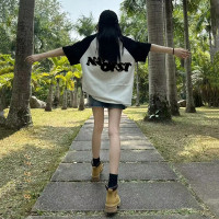 白色黑邊插肩T恤女高中生美式2023新款百分百純棉短袖中性風上衣