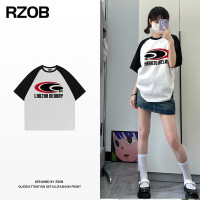 潮牌字母撞色短袖T恤女夏美式校園風百搭中長版情侶寬鬆純棉上衣