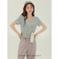 CHACHASTU正肩短袖t恤女夏季灰色打底衫小眾獨特別致短款內搭上衣