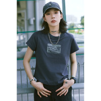 珍妮日系短款T恤女小眾設計感修身休閒印花純色t圓領全棉短袖上衣