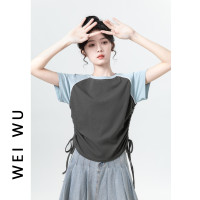 撞色插肩短袖T恤女夏季2023新款兩側抽繩寬鬆T恤設計感短款上衣