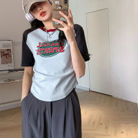 美式復古T恤女2023夏季新款插肩短袖打底衫收腰純棉圓領短款上衣