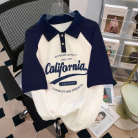 夏季白色大尺碼插肩拼接短袖寬鬆顯瘦美式復古T恤polo領女上衣潮牌