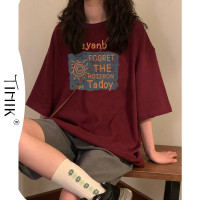 小眾美式復古酒紅色塗鴉短袖t恤夏季日系港風上衣設計感小眾女潮