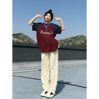 短袖t恤女夏季拼接純棉寬鬆插肩袖美式復古潮牌半袖大尺碼女裝上衣