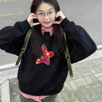 100%純棉美式復古oversize星星印花厚棉T女秋冬寬鬆小眾加絨外套潮