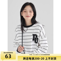 DESSUU 毛巾刺繡學院風條紋圓領厚棉T女2023秋季新款寬鬆套頭上衣
