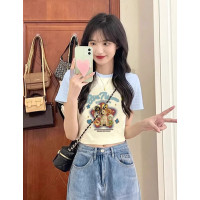 淺藍拼接插肩袖短袖女夏季辣妹短款正肩小眾別致減齡純欲風T恤ins