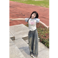 甜辣妹拼色正肩短袖t恤女夏季小眾修身顯瘦設計感短款插肩袖上衣