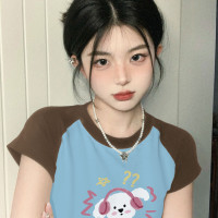 美式短款小上衣正肩夏日多巴胺穿搭法式甜辣風可愛插肩短袖t恤女