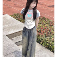 2023新款撞色蝴蝶字母短袖T恤女夏季短款修身顯瘦休閒百搭上衣潮