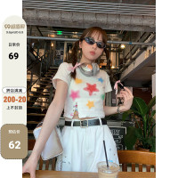 CCKOK 2023年夏季日系可愛甜美彩色星星印花學生短款短袖T恤女潮