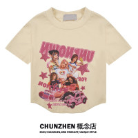 CHUNZHEN 美式潮牌復古印花短袖T恤夏甜辣妹y2k修身正肩短款上衣