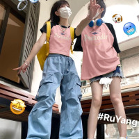 黑粉色插肩短袖t恤女夏季閨蜜裝一長一短多巴胺甜酷短款正肩上衣