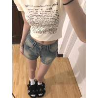 美式y2k復古正肩短袖t恤女夏季純棉修身顯瘦甜酷辣妹露臍短款上衣