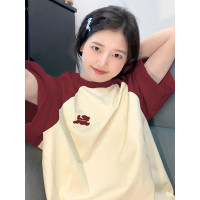 夏日多巴胺穿搭短袖T恤女寬鬆oversize高級感插肩拼色別致上衣服