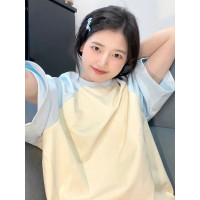 夏季新款寬鬆oversize別致設計感純棉短袖T恤女插肩拼色圓領上衣