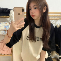 國潮牌bf高街插肩袖純棉短袖T恤女夏季寬鬆美式復古小眾別致上衣