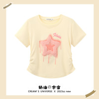 奶油的宇宙 植絨五角星正肩短款短袖T恤女甜妹風顯瘦上衣2023新款