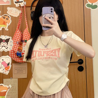 甜酷刺繡字母顯瘦收腰褶皺短款女夏新款小清新溫柔風奶系短袖T恤