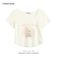 拾野森 夏裝新款bm風純欲短款魚骨弧形兔子印花U領短袖T恤女上衣