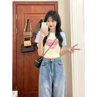 插肩短袖t恤女夏季新款多巴胺穿搭奶裏奶氣正肩短款洋派卡腰上衣