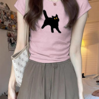 粉色正肩短袖t恤女夏季設計感小眾1/4吋套筒扳手袖褶皺修身短款甜辣小上衣