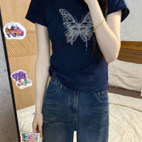 正肩蝴蝶短袖t恤女夏季2023新款設計感小眾獨特別致藏青色上衣潮