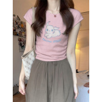 正肩1/4吋套筒扳手袖短袖t恤女夏季新款設計感小眾收腰褶皺修身短款上衣