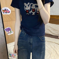 正肩藏青色短袖t恤女夏季新款純棉設計感小眾韓系chic別致上衣潮