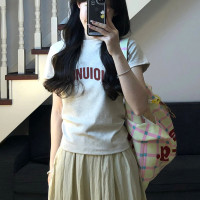 花灰色正肩短袖t恤女夏季款修身顯瘦設計感小眾收腰又甜又辣上衣