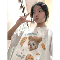 國潮高街復古小狗印花短袖T恤女夏oversize寬鬆美式半袖上衣純棉