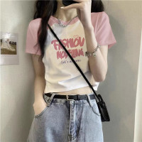 撞色拼接字母印花T恤女夏季設計感短款百搭bm甜酷小個子短袖上衣