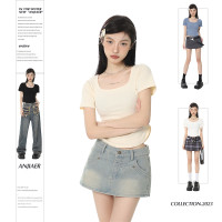 方領正肩短袖T恤女夏季打底衫內搭純色短款半袖顯瘦上衣長袖秋季