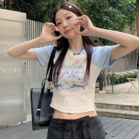 大尺碼卡通印花短袖T恤女夏季2023新款胖MM短款甜辣修身上衣設計感