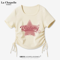 拉夏貝爾正肩女T恤2023新款美式抽繩短款短袖夏日多巴胺辣妹上衣X